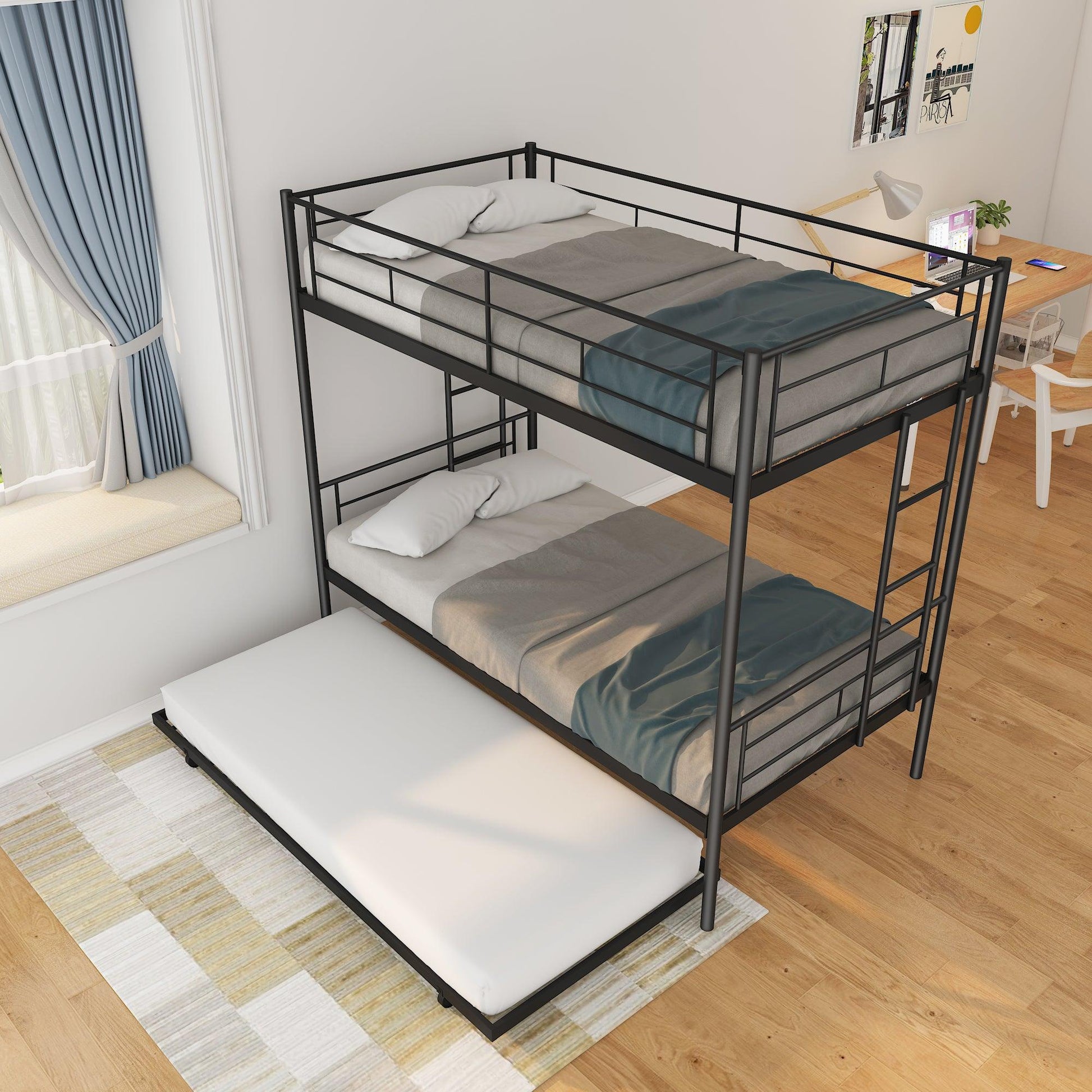 Twin Over Twin Metal Bunk Bed Frame with Trundle（Upgrade reinforcement version） - FurniFindUSA