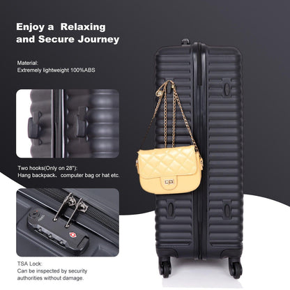 3 Piece Luggage Sets ABS Lightweight Suitcase with Two Hooks, Spinner Wheels, TSA Lock, (20/24/28) Black - FurniFindUSA