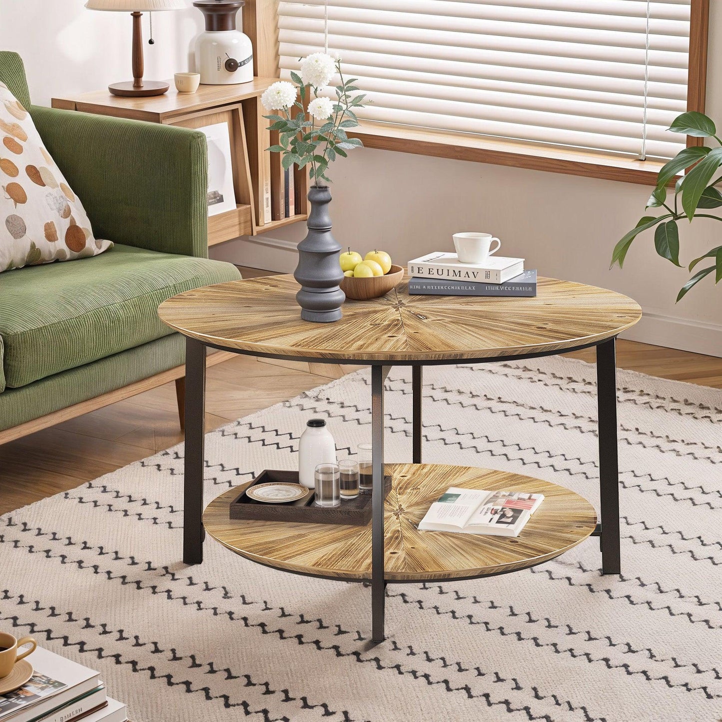 33.86"Modern Retro Splicing Round Coffee Table Fir Wood Table Top with Black Cross Legs Base(Same SKU:W757126237) - FurniFindUSA