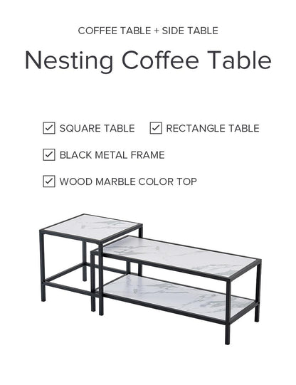 Modern Nesting coffee table Square & rectangle,Black metal frame with wood marble color top