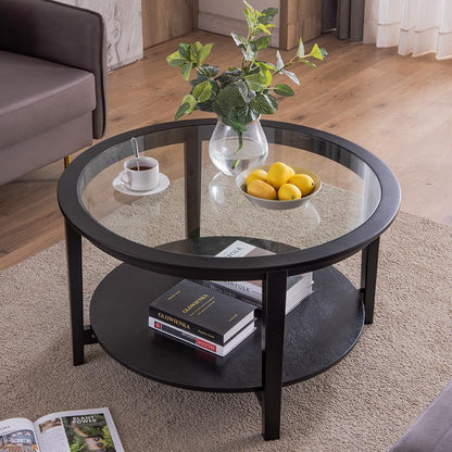 Modern Solid wood round coffee table with tempered glass top black color-36" - FurniFindUSA