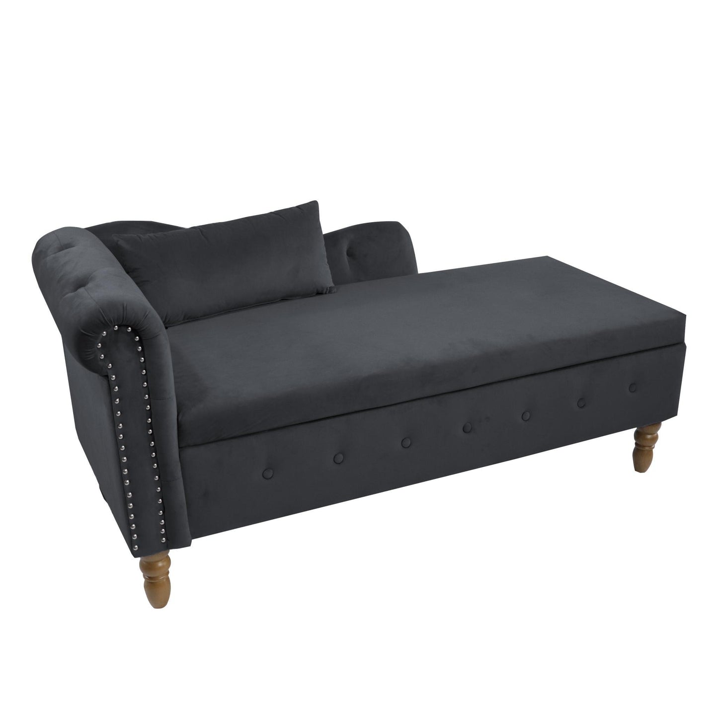 Velvet indoor chaise lounge with nailhead trim, storage and pillows, can be used in living room, bedroom, den - FurniFindUSA