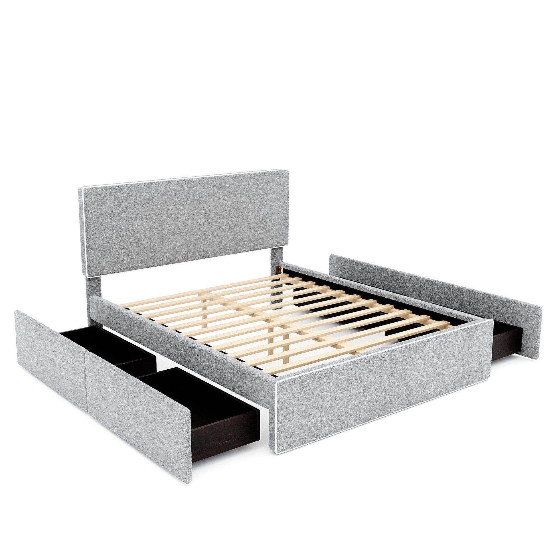 Upholstered Platform Bed with 4 Drawers and White Edge on the Headboard & Footboard, Gray - FurniFindUSA