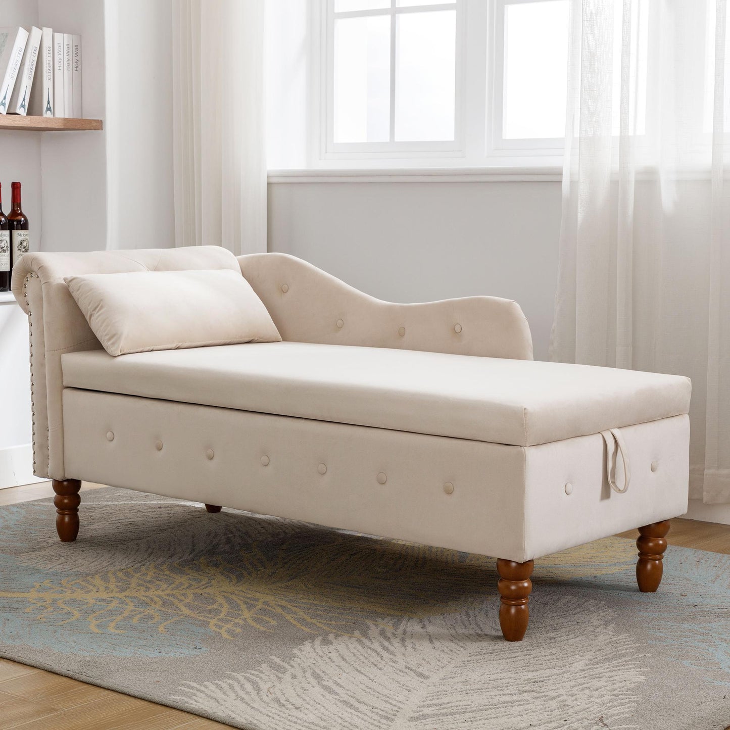 Velvet indoor chaise lounge with nailhead trim, storage and pillows, can be used in living room, bedroom, den - FurniFindUSA