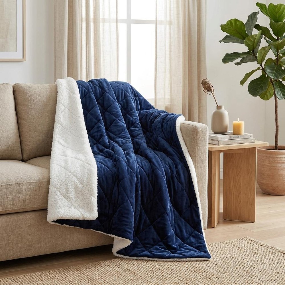 60" X 80" Navy Blue Fleece And Microfiber Quilted Plush Throw Blanket HomeRoots