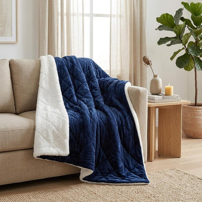 60" X 80" Navy Blue Fleece And Microfiber Quilted Plush Throw Blanket HomeRoots