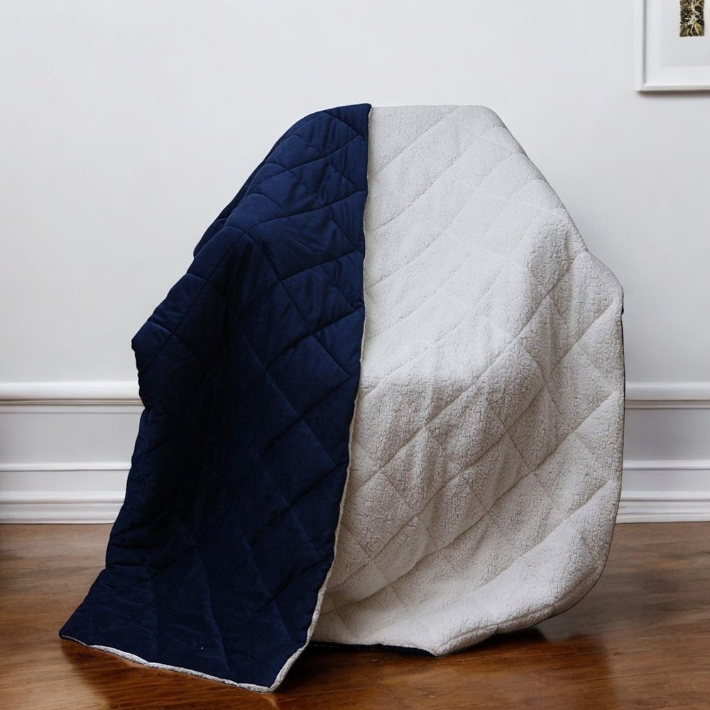 60" X 80" Navy Blue Fleece And Microfiber Quilted Plush Throw Blanket HomeRoots