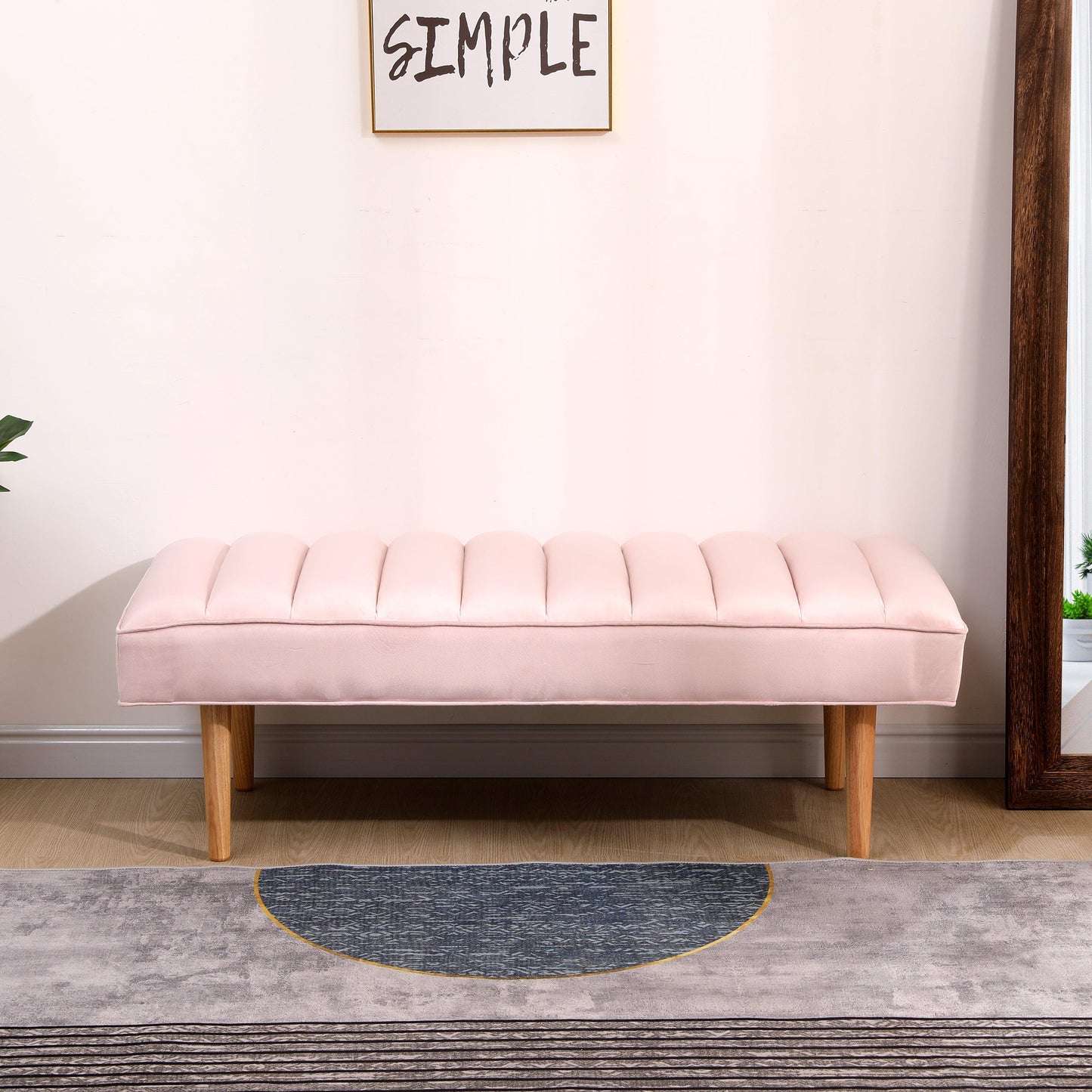 Pink Velvet Upholstered Bench Channel Tufted Bedroom Ottoman with Wood Legs Home Furniture (Pink) - FurniFindUSA