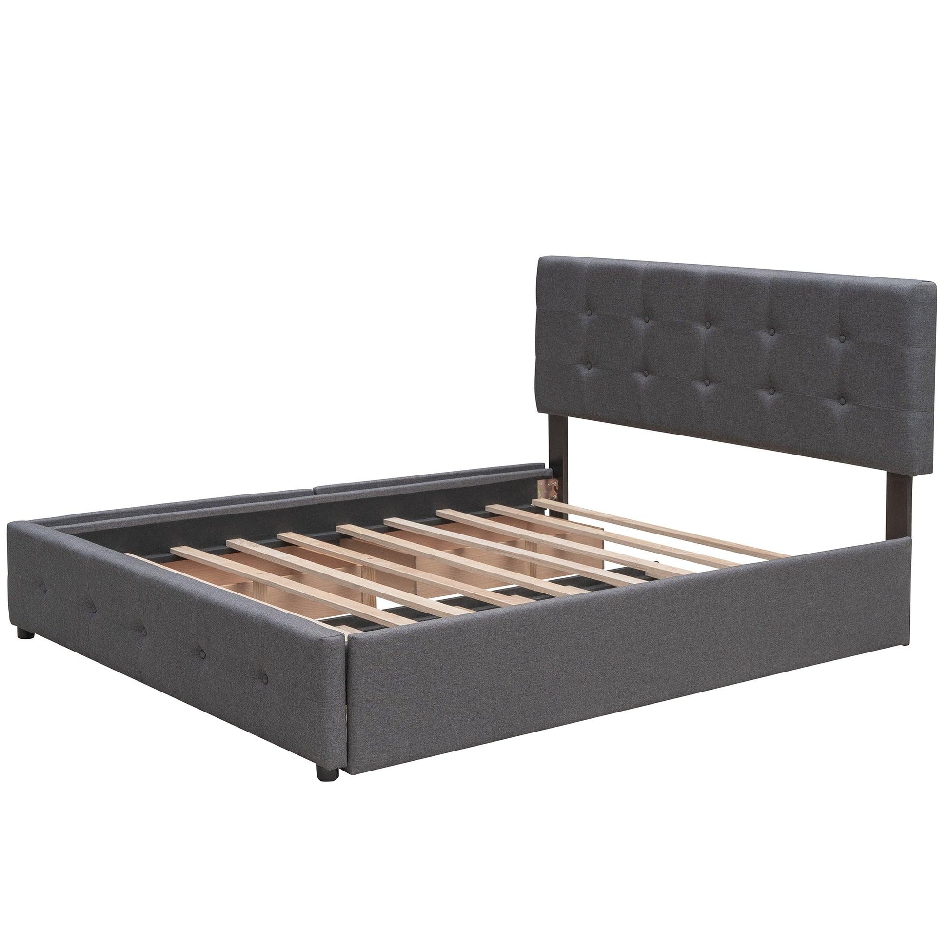 Upholstered Platform Bed with 2 Drawers and 1 Twin XL Trundle Linen Fabric Queen Size - Dark Gray - FurniFindUSA