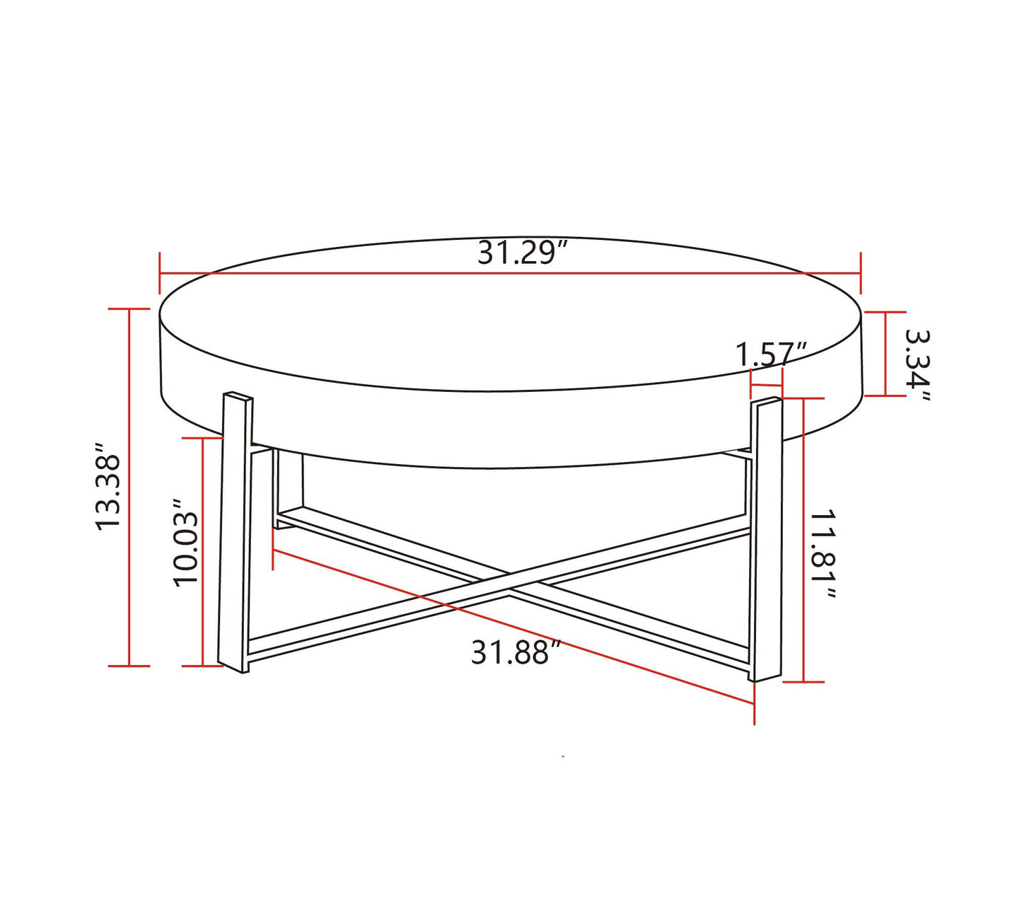 31.29"Modern Retro Splicing Round Coffee Table Fir Wood Table Top with Cross Legs Metal Base - FurniFindUSA