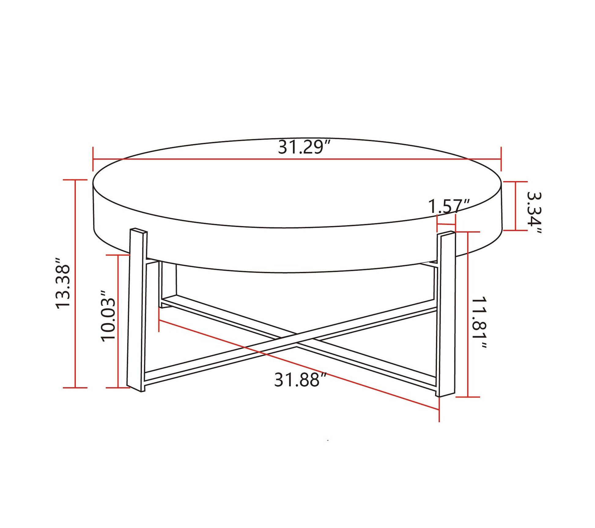 31.29"Modern Retro Splicing Round Coffee Table Fir Wood Table Top with Cross Legs Metal Base - FurniFindUSA