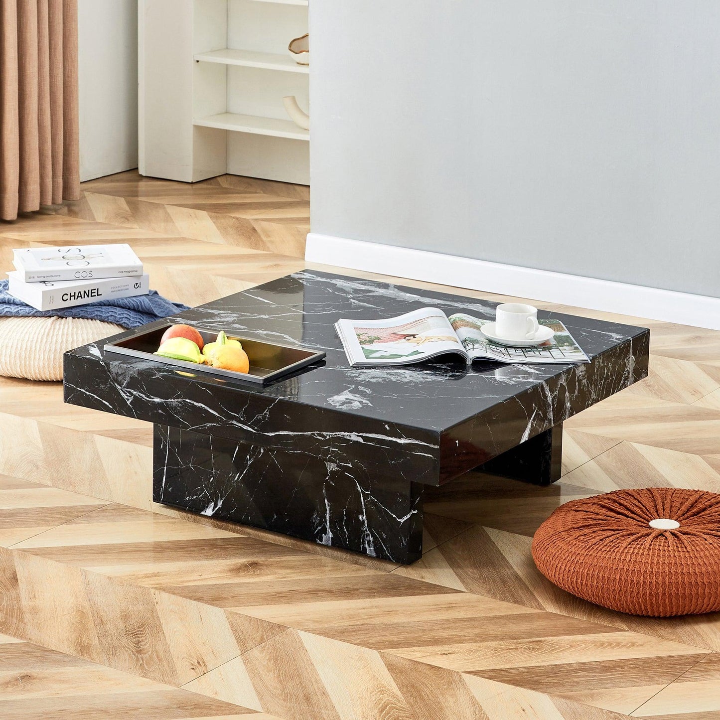 A modern and practical coffee table made of MDF material with black patterns - FurniFindUSA