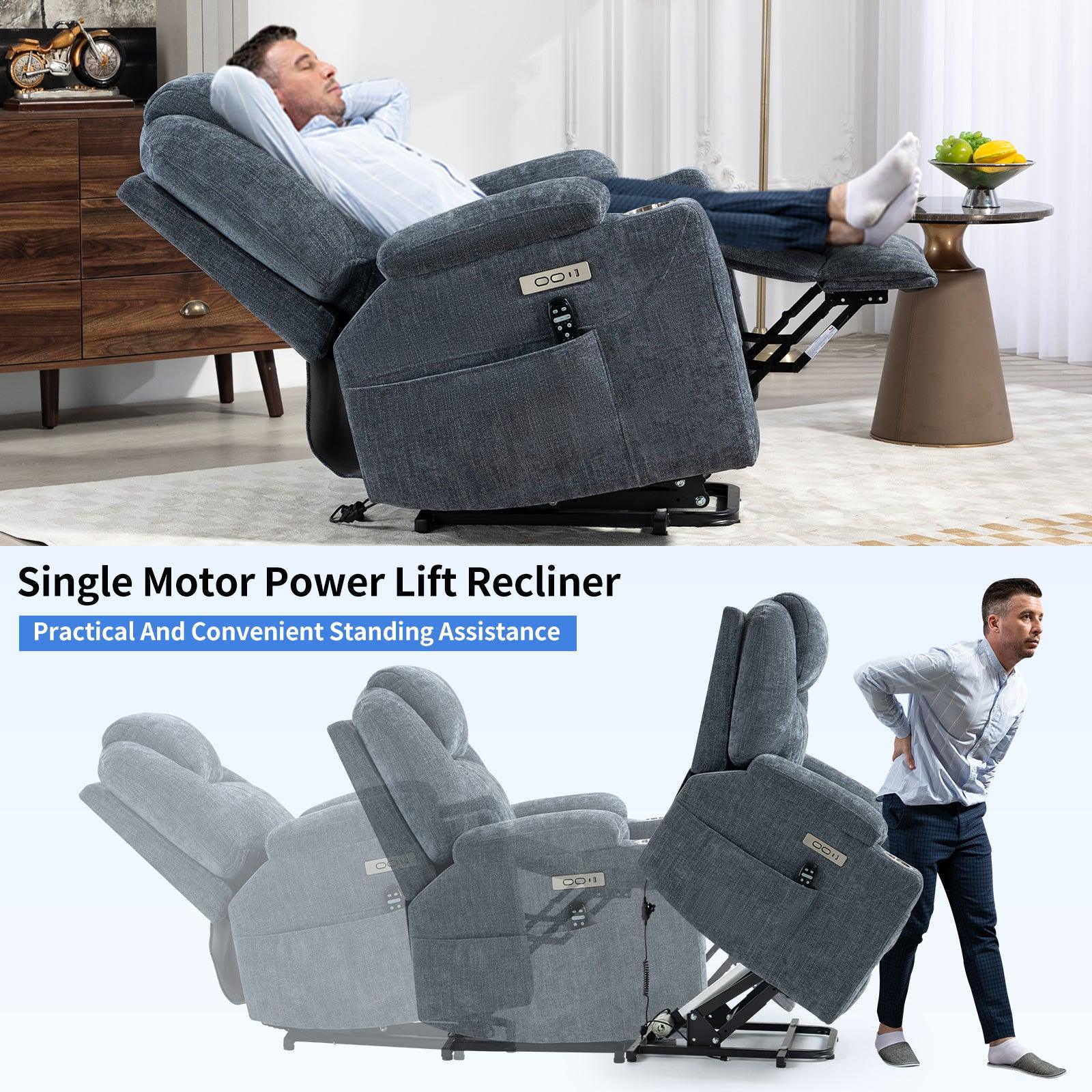 Okin motor Up to 350 LBS Chenille Power Lift Recliner Chair Blue - FurniFindUSA