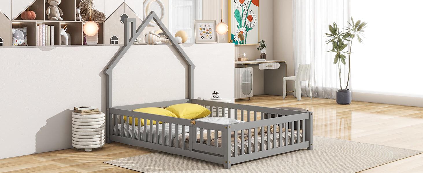 Full House-Shaped Headboard Floor Bed with Fence Grey - FurniFindUSA