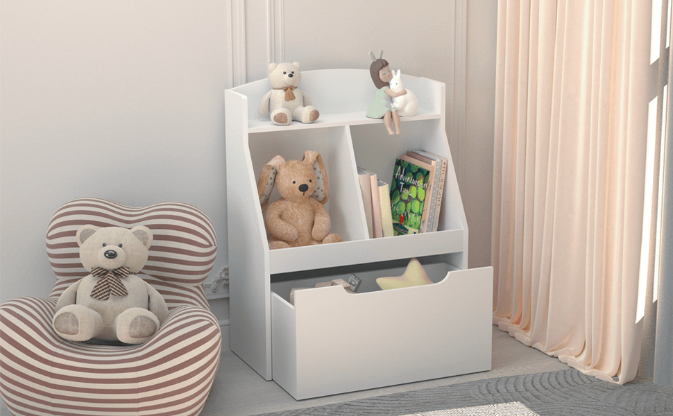 Kids Bookshelf with Drawer and Wheels Children's Book Display Wooden Bookcase White - FurniFindUSA