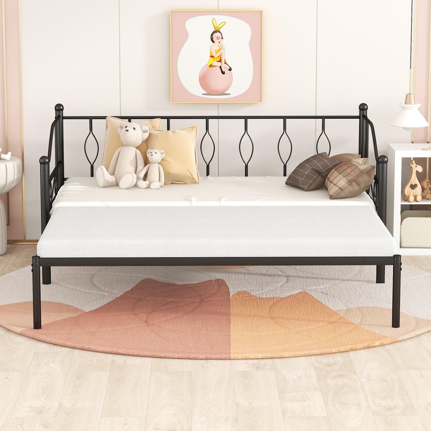 Twin Size Metal Daybed with Trundle Daybed with Slat Black - FurniFindUSA