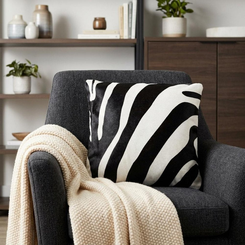 18" Black and Off White Cowhide Throw Pillow — view 6