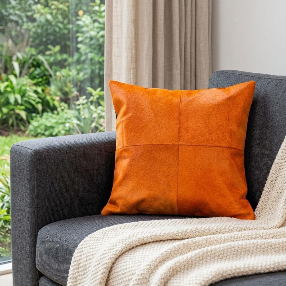 18" Orange Genuine Cowhide Stitchwork Throw Pillow — view 5