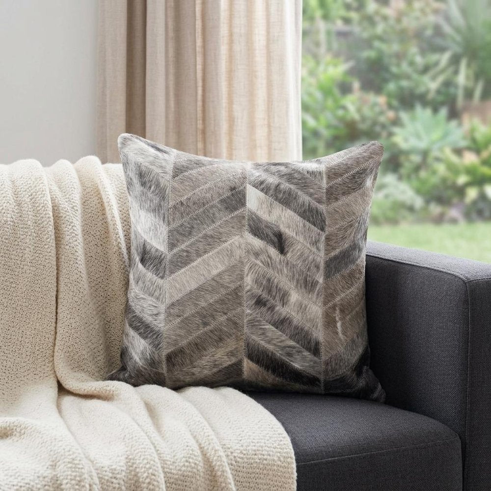 18" Gray Chevron Cowhide Throw Pillow HomeRoots