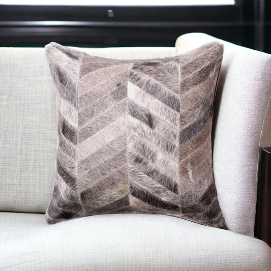 18" Gray Chevron Cowhide Throw Pillow