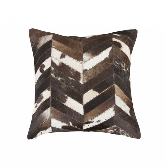 18" Brown and Off White Chevron Cowhide Throw Pillow
