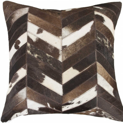 18" Brown and Off White Chevron Cowhide Throw Pillow