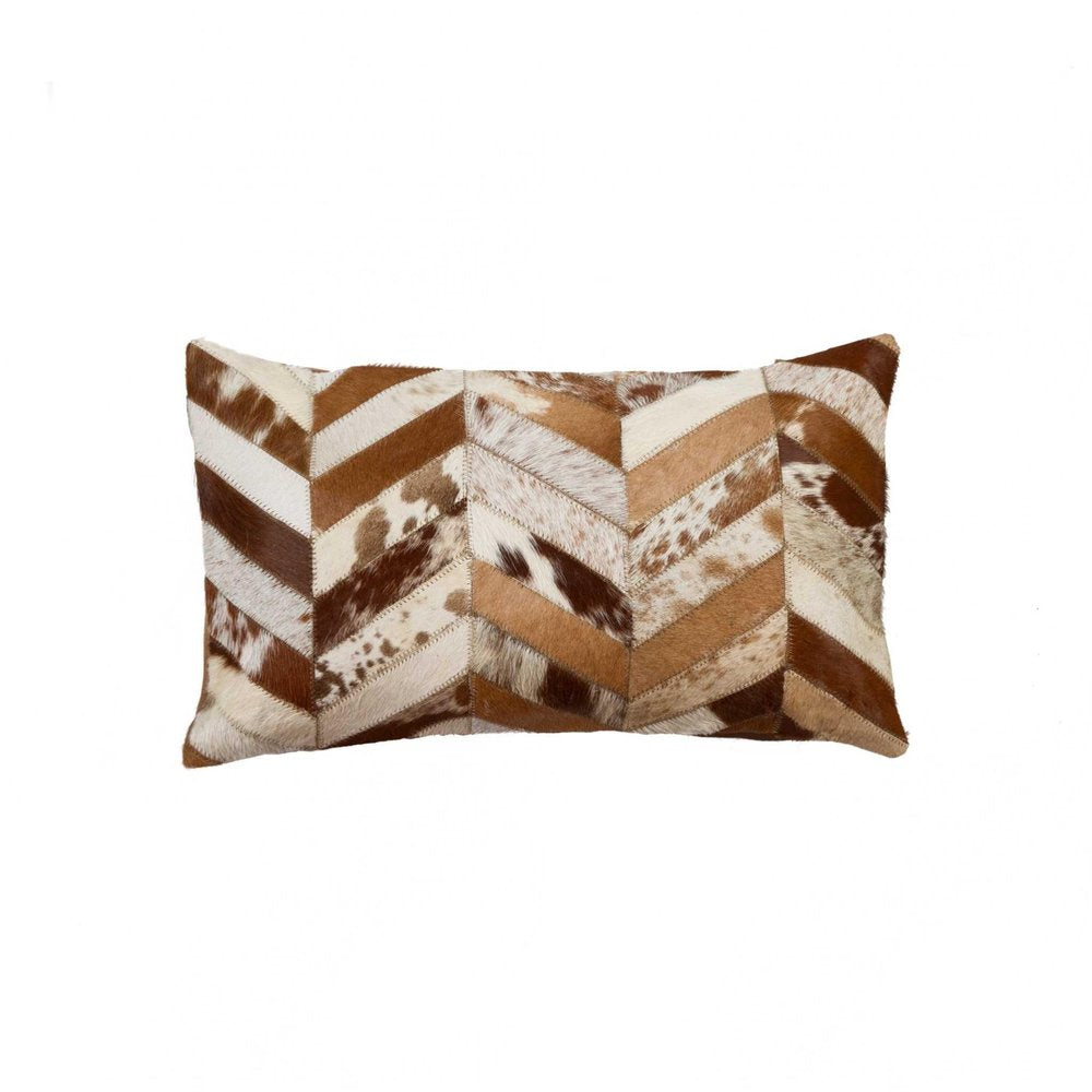 12" X 20" Brown and Off White Chevron Cowhide Throw Pillow — view 1