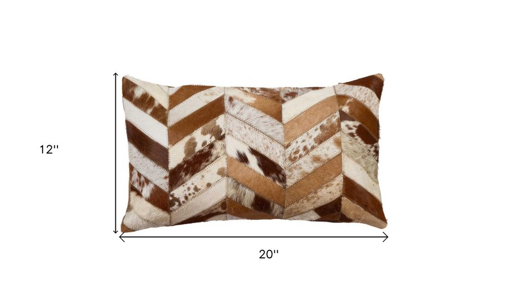 12" X 20" Brown and Off White Chevron Cowhide Throw Pillow HomeRoots