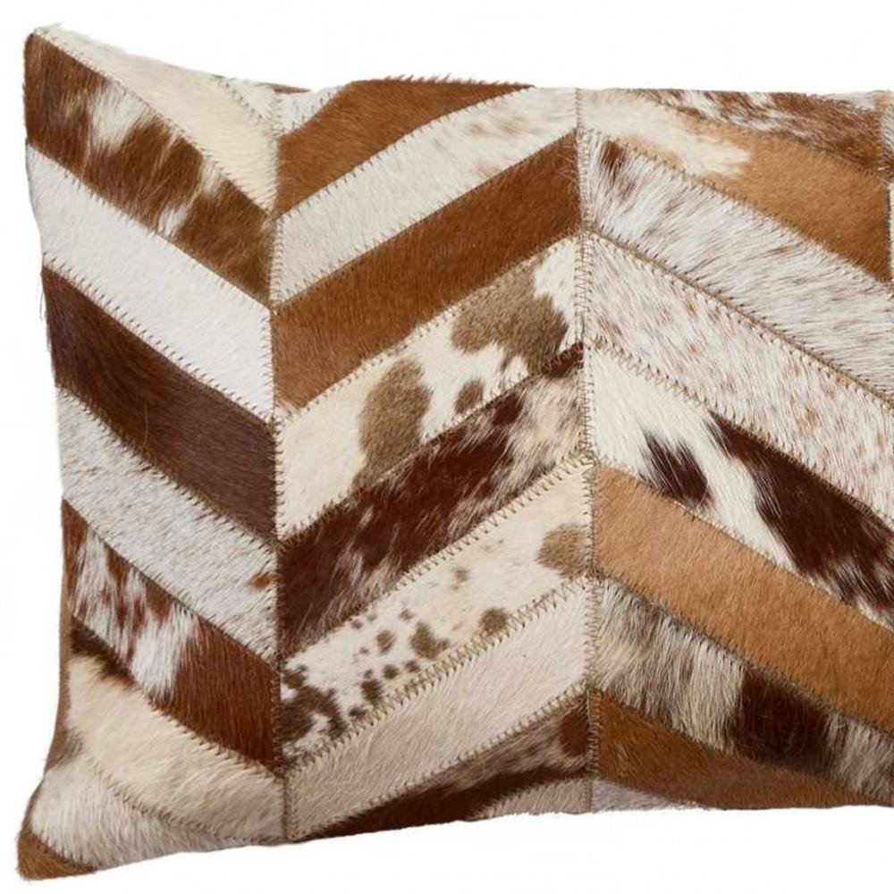 12" X 20" Brown and Off White Chevron Cowhide Throw Pillow HomeRoots