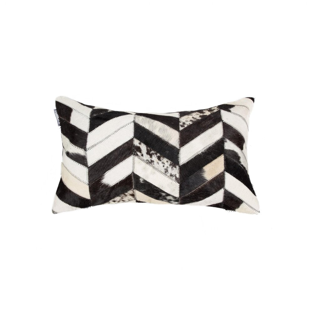 12" X 20" Black and Off White Chevron Cowhide Throw Pillow HomeRoots