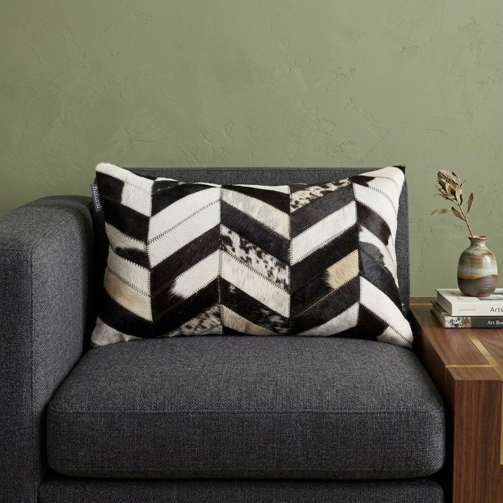 12" X 20" Black and Off White Chevron Cowhide Throw Pillow HomeRoots