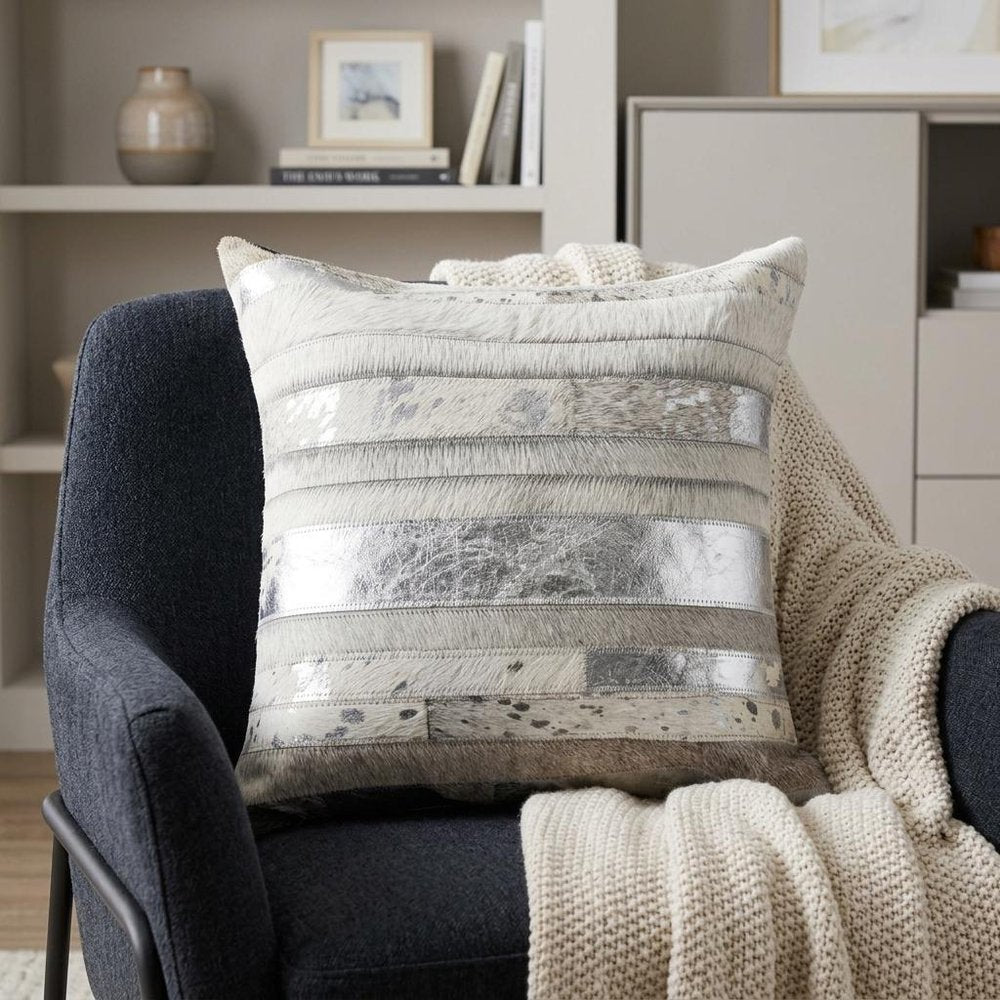 18" Gray and Silver Striped Cowhide Throw Pillow — view 5