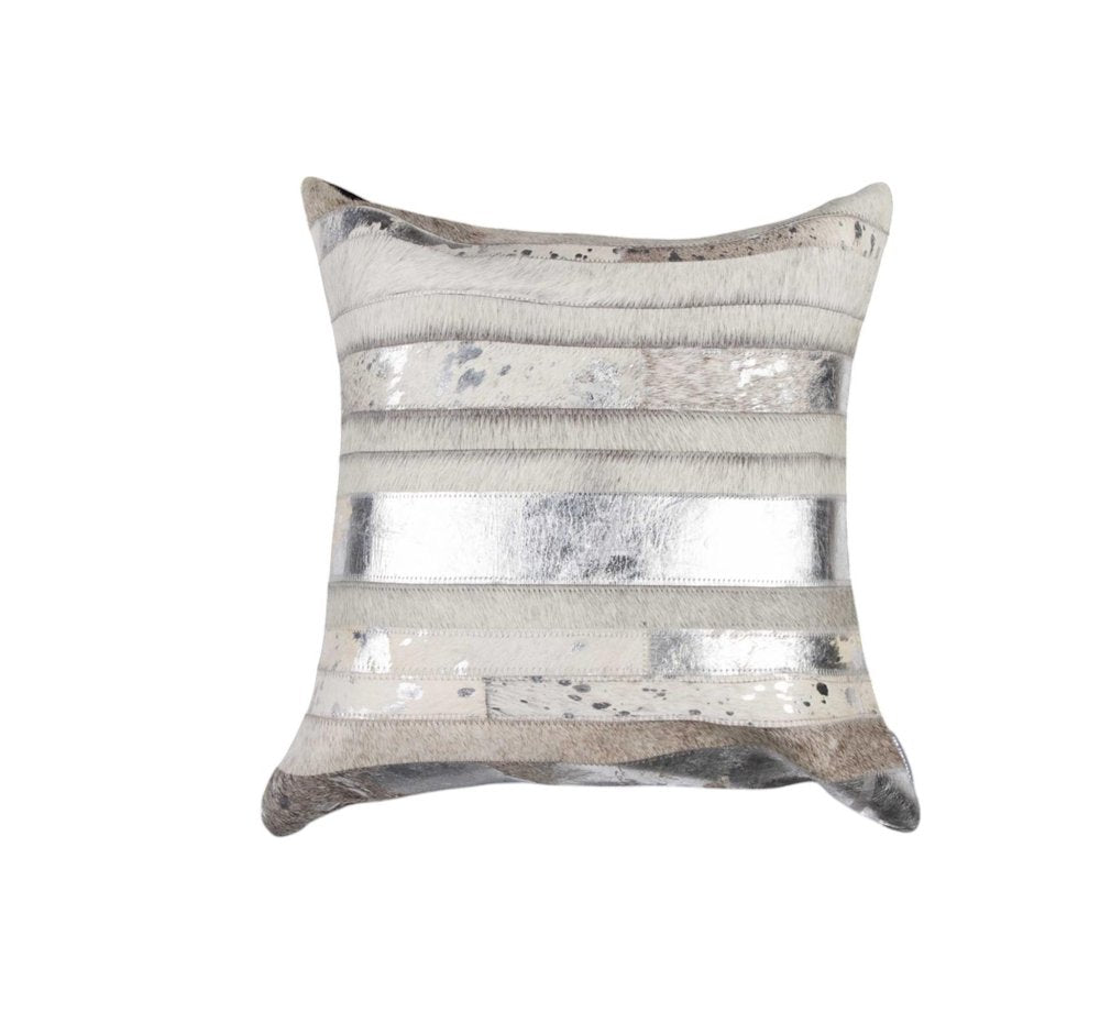 18" Gray and Silver Striped Cowhide Throw Pillow — view 3