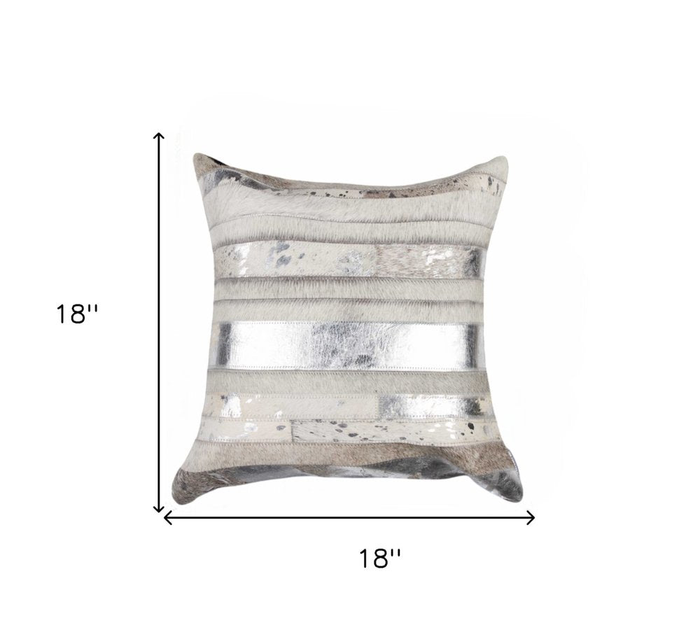 18" Gray and Silver Striped Cowhide Throw Pillow — view 4