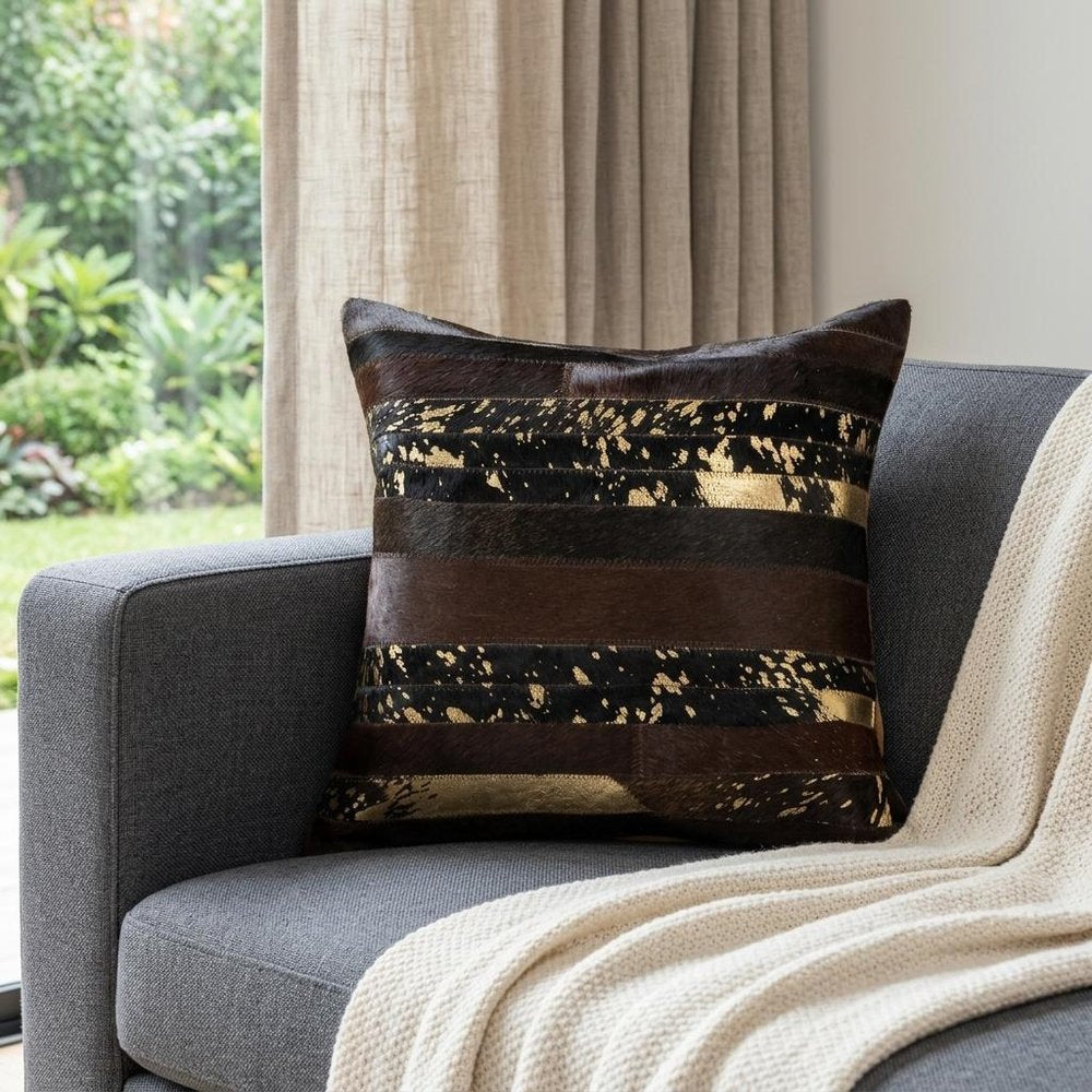 18" Brown and Gold Abstract Cowhide Throw Pillow — view 5