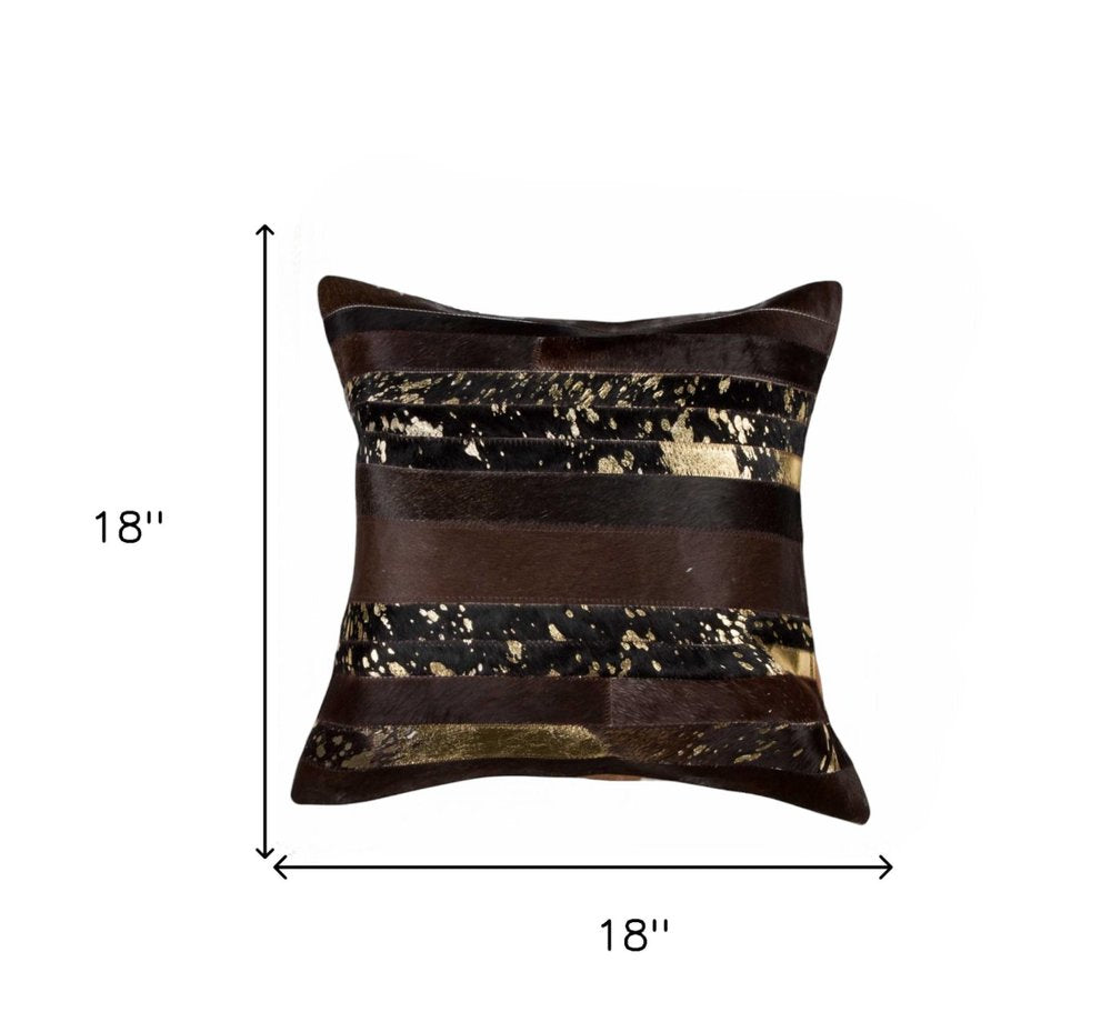 18" Brown and Gold Abstract Cowhide Throw Pillow — view 4