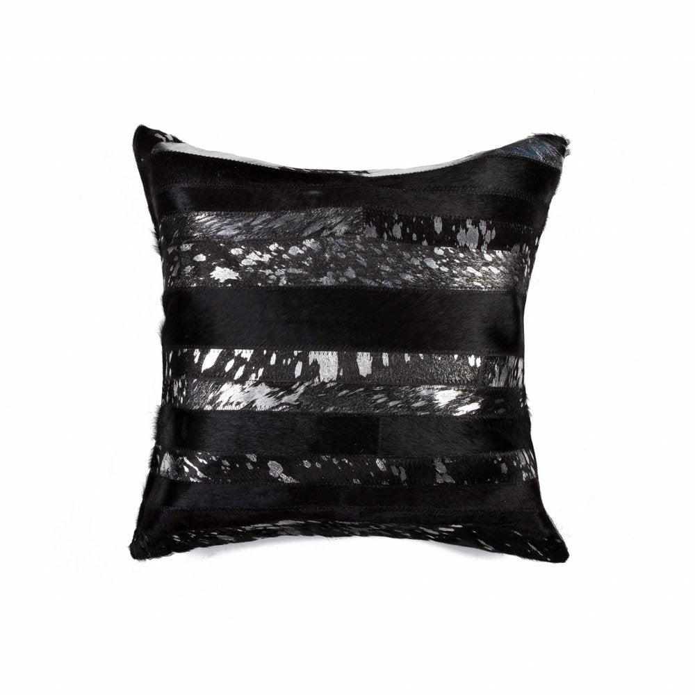 18" Black And Silver Striped Cowhide Throw Pillow — view 1