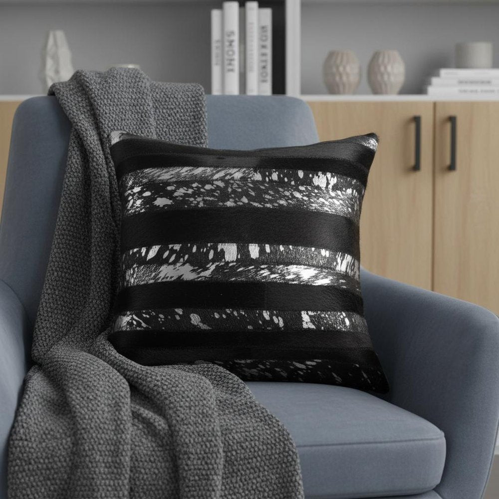 18" Black And Silver Striped Cowhide Throw Pillow — view 6
