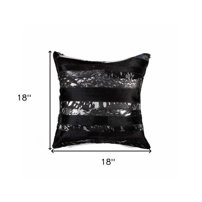 18" Black And Silver Striped Cowhide Throw Pillow