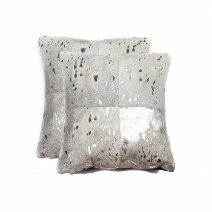 Set of Two Silver and Gray Cowhide Throw Pillow 5.0" (L) x 18.0" (W) x 18.0" (H)