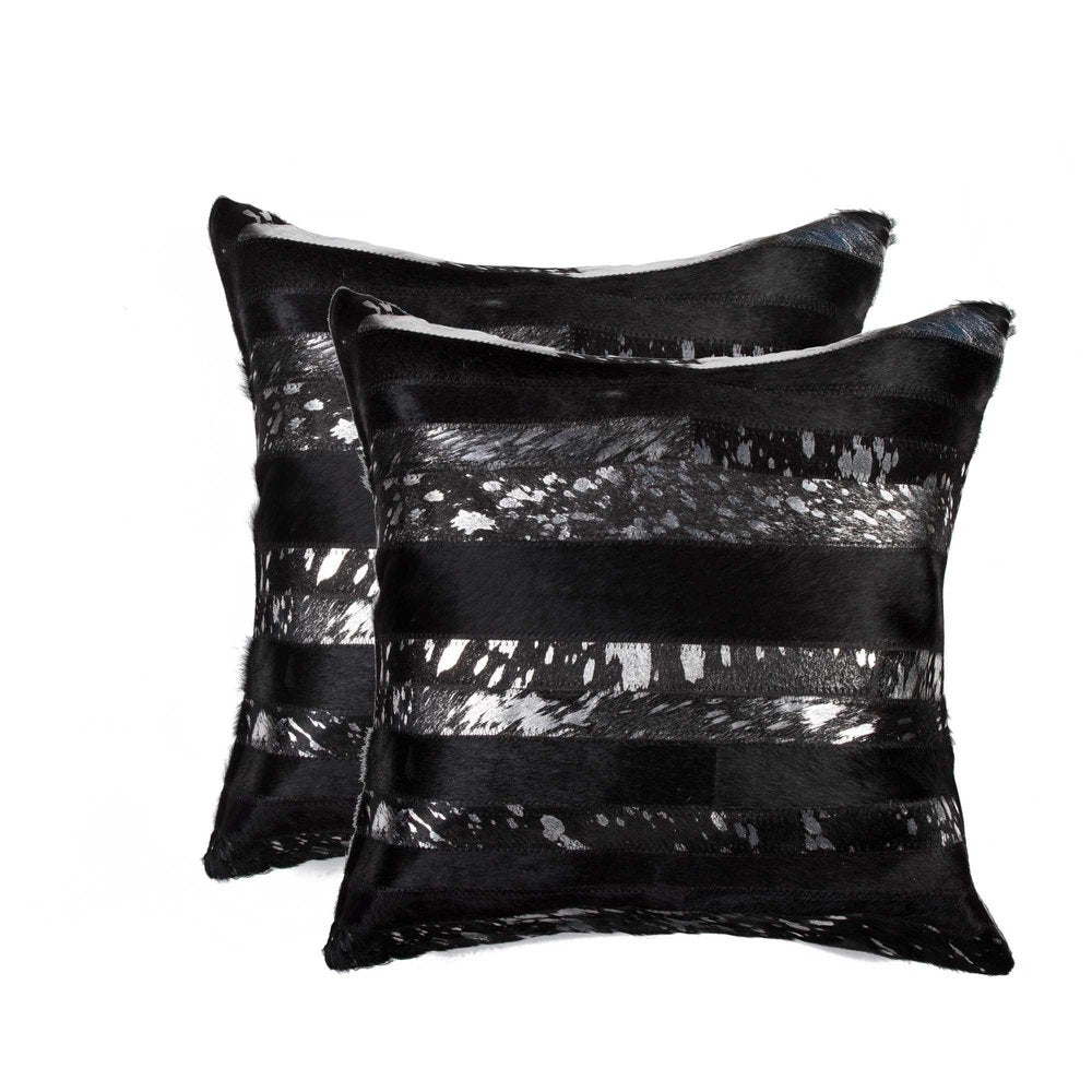 Set of Two 18" Gold and Black Cowhide Throw Pillows