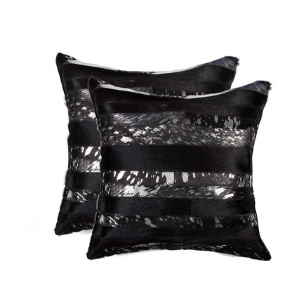 Set of Two 18" Gold and Black Cowhide Throw Pillows