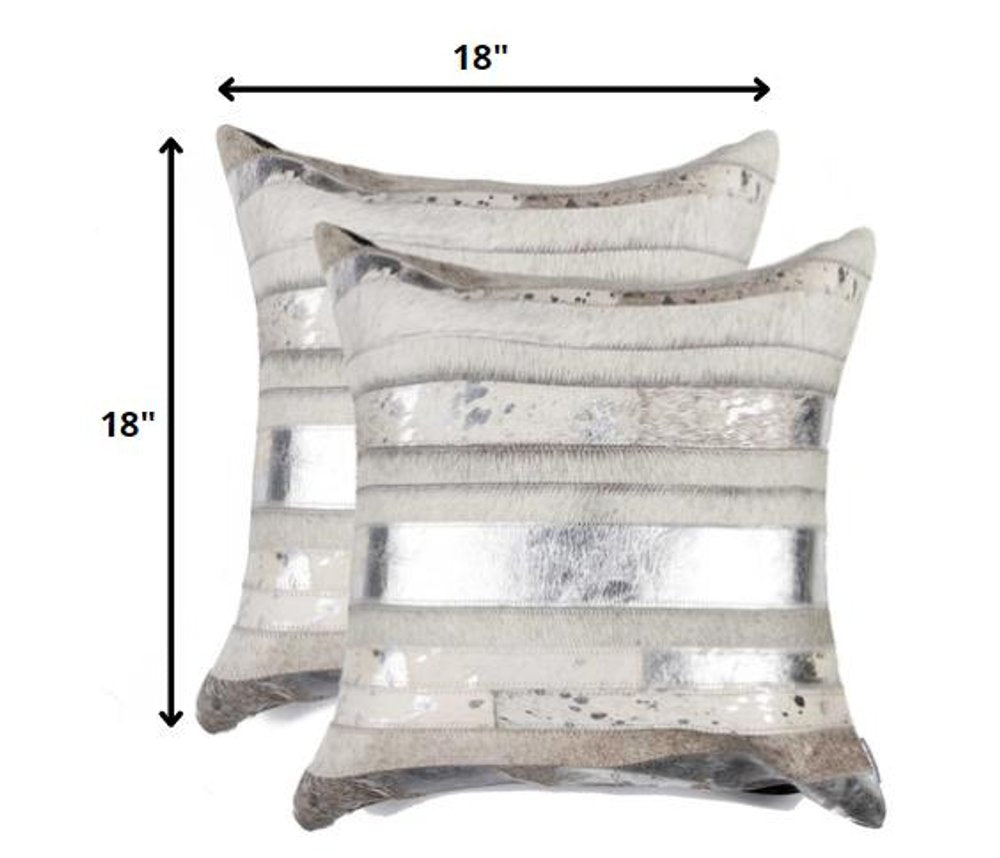 Set of Two 18" Silver And Gray Cowhide Throw Pillows — view 2