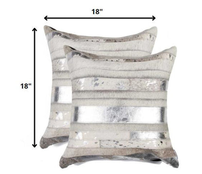Set of Two 18" Silver And Gray Cowhide Throw Pillows