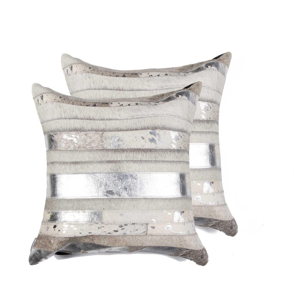 Set of Two 18" Silver And Gray Cowhide Throw Pillows — view 3