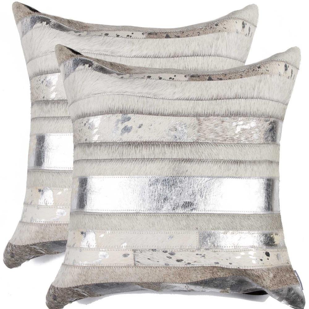 Set of Two 18" Silver And Gray Cowhide Throw Pillows — view 4