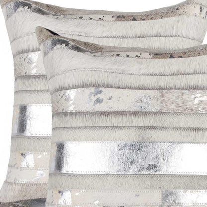 Set of Two 18" Silver And Gray Cowhide Throw Pillows