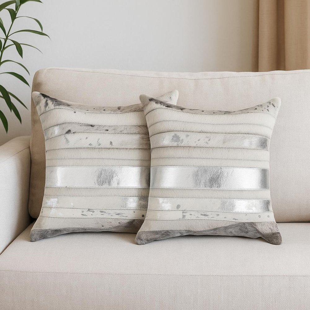 Set of Two 18" Silver And Gray Cowhide Throw Pillows — view 6