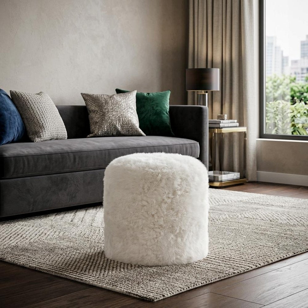 18" White Genuine Sheepskin Cylindrical Pouf Ottoman — view 6