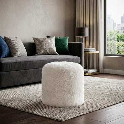 18" White Genuine Sheepskin Cylindrical Pouf Ottoman HomeRoots